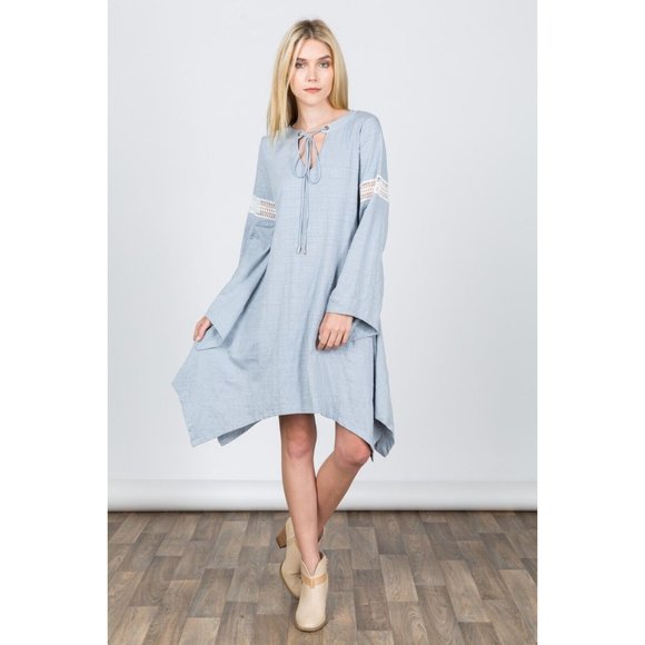 Women's Stylish Tie Front Lace Trim Long Sleeve Dress for Casual Occasions - Picture 4 of 6